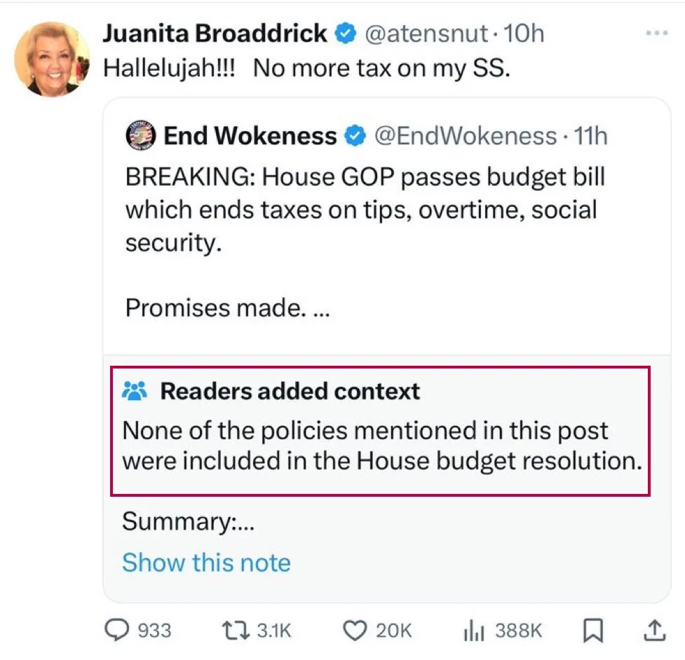 A screenshot of a Twitter thread shows a user named Juanita Broaddrick celebrating 'No more tax on my SS' after a tweet from…