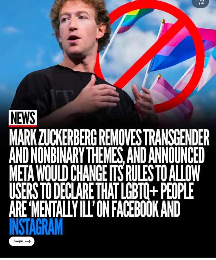 A photo of Mark Zuckerberg with a large red prohibition symbol overlaid on rainbow and transgender pride flags behind him…
