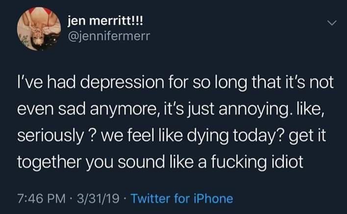 A screenshot of a tweet from user 'jen merritt!!!' (@jennifermerr) posted on March 31, 2019, at 7:46 PM via Twitter for…