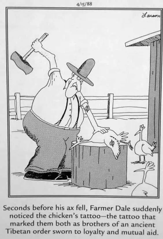 A black-and-white cartoon depicts a farmer in a hat swinging an ax at a chicken perched on a stump. The chicken has a…