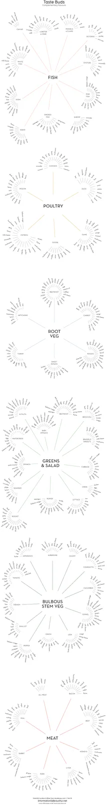 A diagram titled 'Taste Buds Complementary flavours' shows a central hub for each food category like 'FISH', 'POULTRY'…