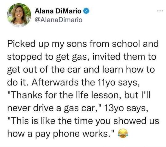 A screenshot of a tweet by Alana DiMario showing her picking up her sons from school and teaching them how to use a gas…