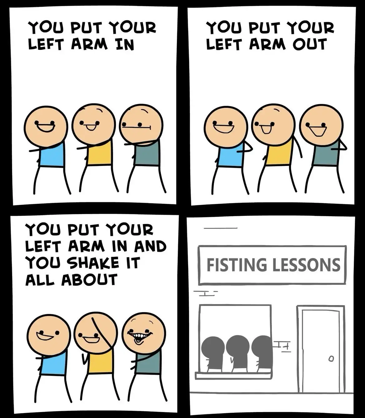 A four-panel comic shows three stick figures performing a sequence: first putting their left arm in, then out, then shaking…
