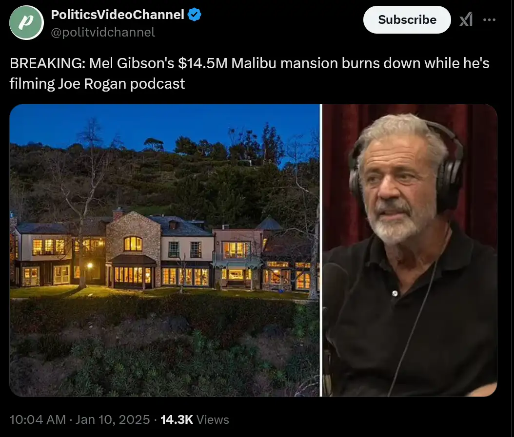 The image is a split-screen: on the left, a large, multi-story Malibu mansion at dusk with lights on, surrounded by hills…