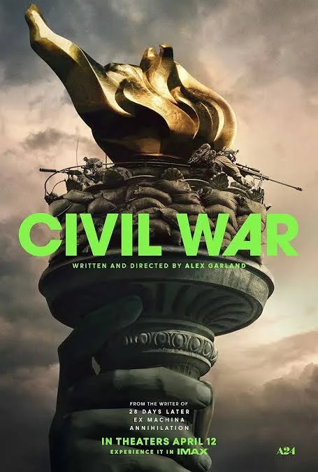 A movie poster for 'Civil War' shows a giant hand holding a torch, but the torch's flame is replaced by a pile of soldiers…