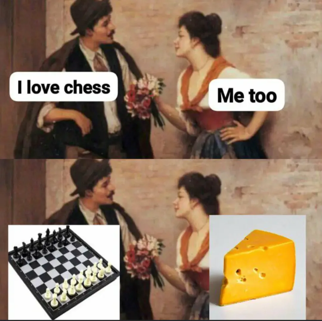 The image is a two-panel meme using a classic romantic painting of a man and woman. In the top panel, text bubbles read 'I…