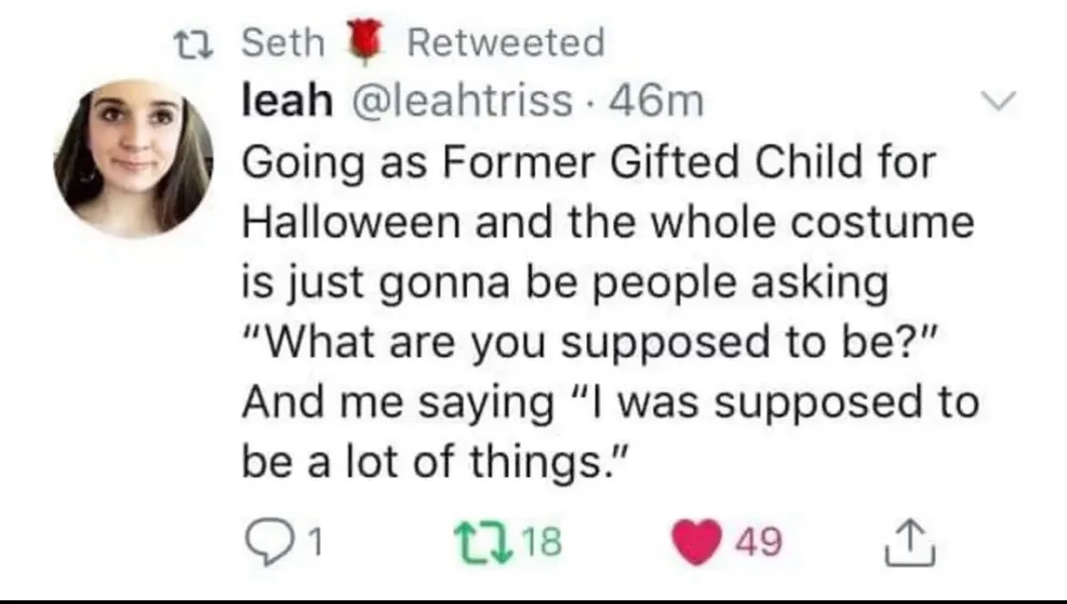 A screenshot of a Twitter post by user Leah (@leahtriss) retweeted by Seth, showing her joke about dressing as a 'Former…