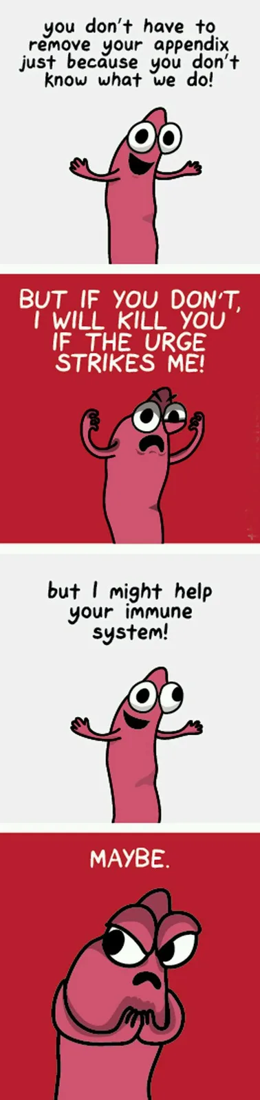 A four-panel comic strip featuring a pink, cartoonish appendix character. In the first panel, it cheerfully says you don't…
