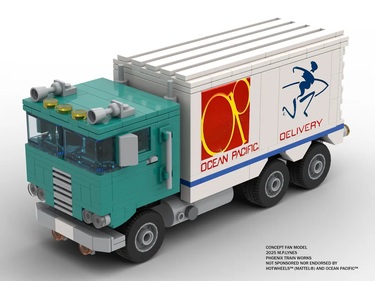 A Lego-style model of a delivery truck with a teal cab and white trailer. The trailer features a red and yellow 'OP' logo…