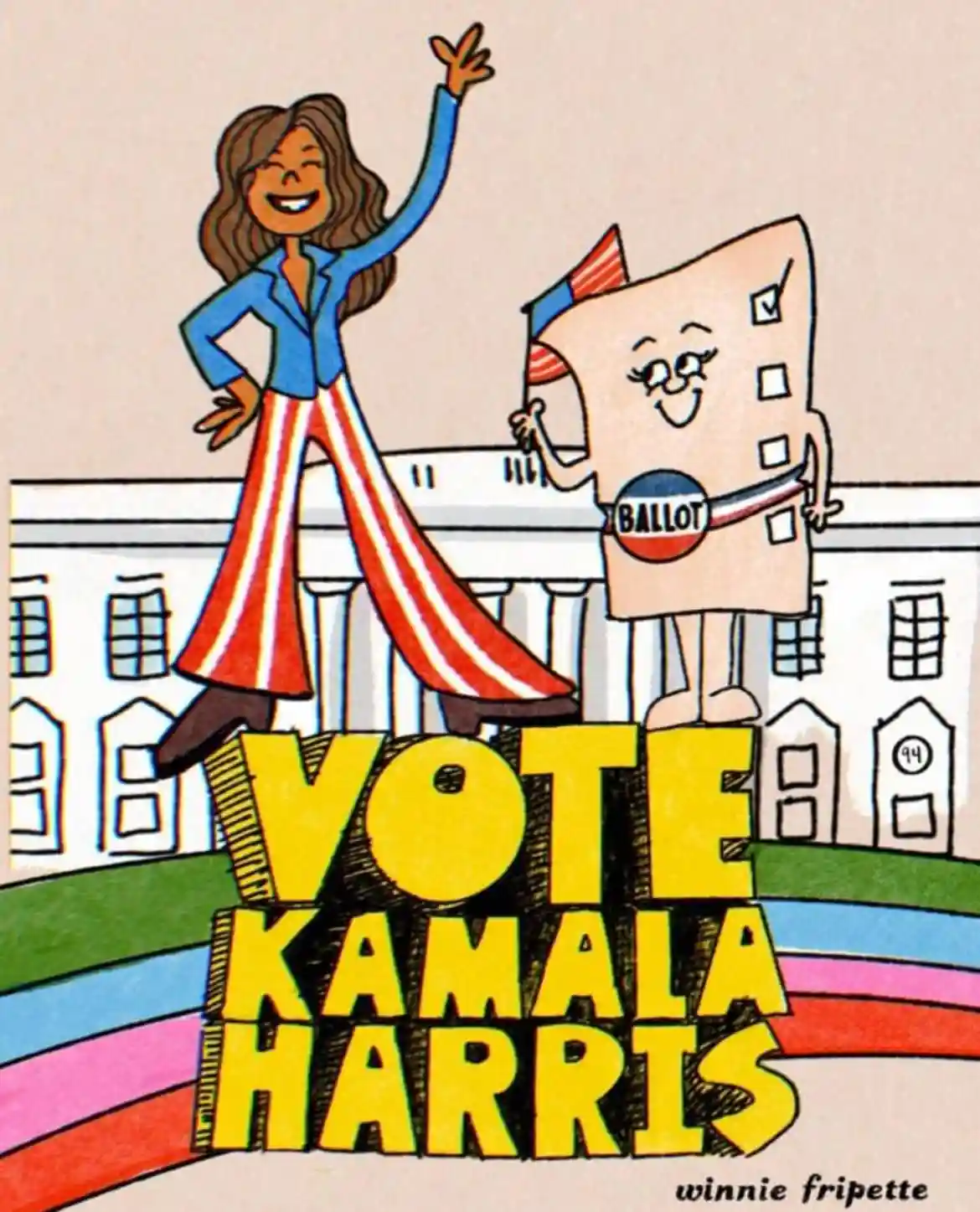 A cartoon illustration shows a smiling woman in a blue blazer and red-white-striped pants standing triumphantly on a…