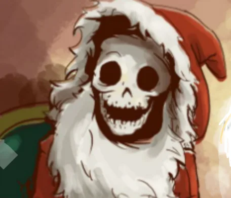 A cartoonish skull wearing a red Santa hat with white fur trim and a matching white beard, set against a warm-toned, blurry…
