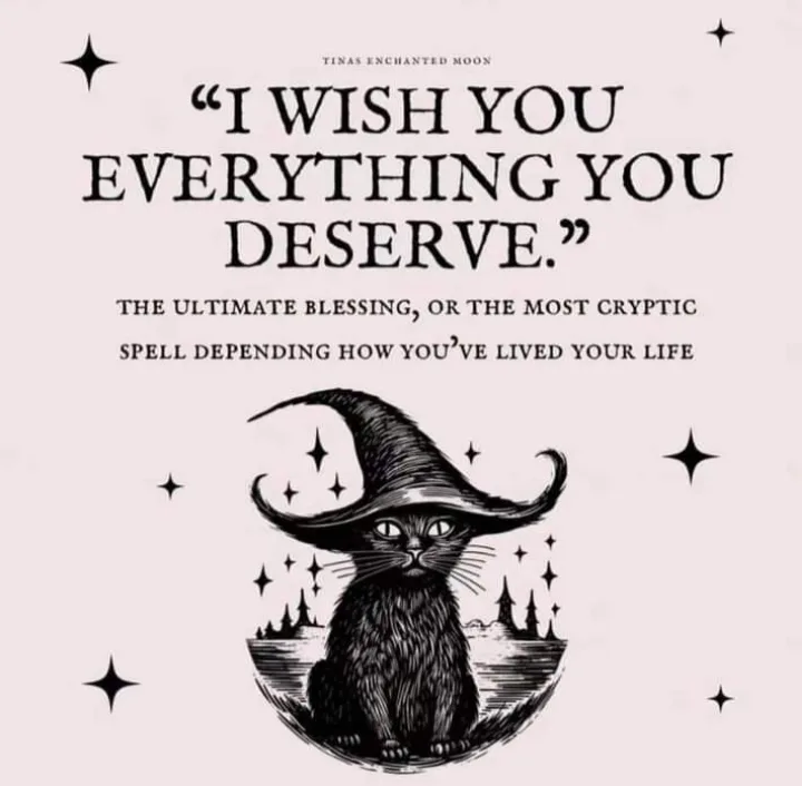A black-and-white illustration of a cat wearing a witch's hat, sitting on a crescent moon with a starry background. The text…