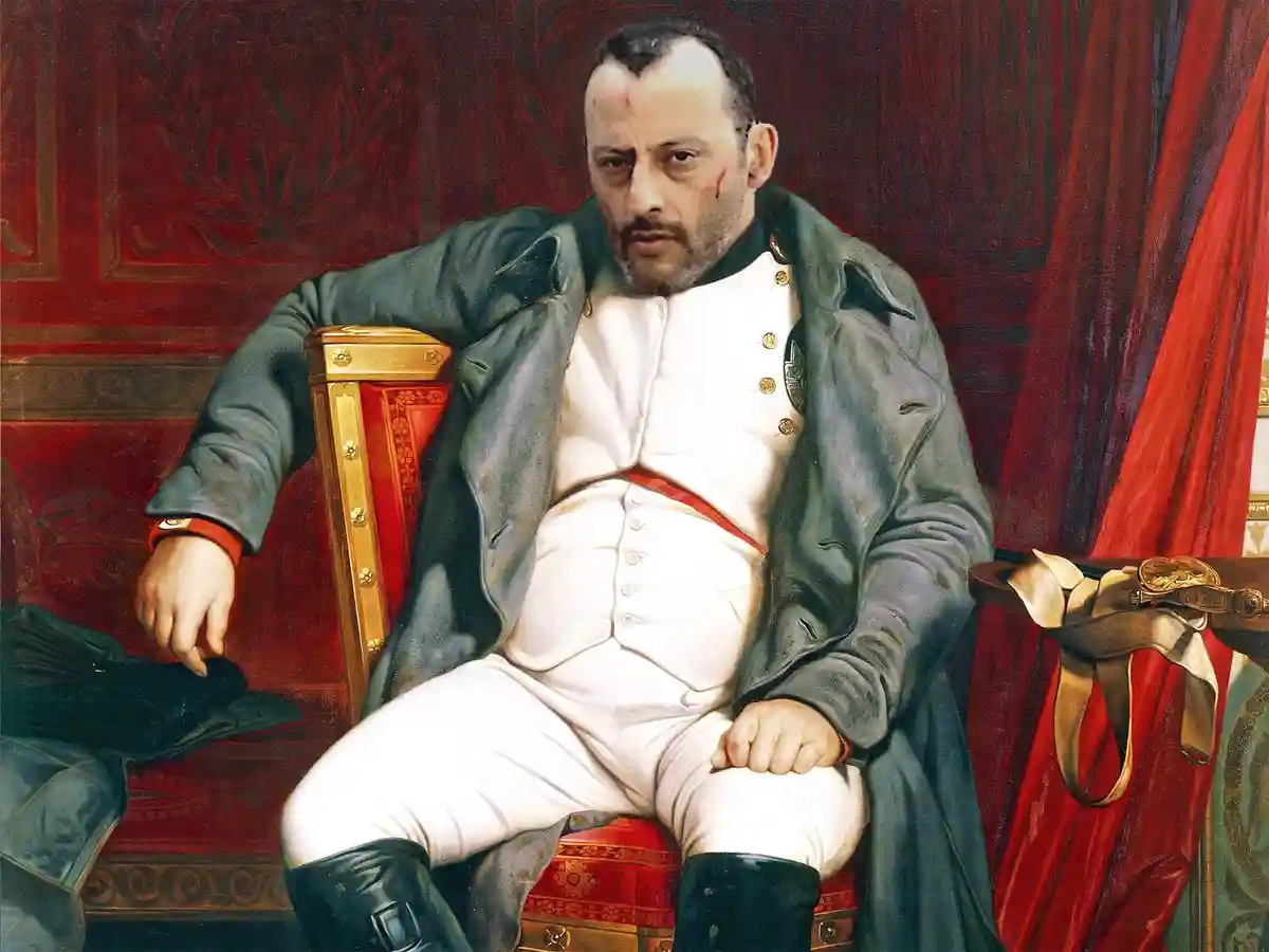 A historical portrait of a man in military uniform sitting in a red and gold chair, digitally edited to show him with a…