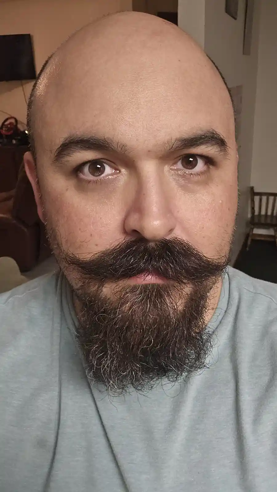 A close-up selfie of a bald man with a thick, bushy beard and a prominent handlebar mustache, looking directly at the camera…