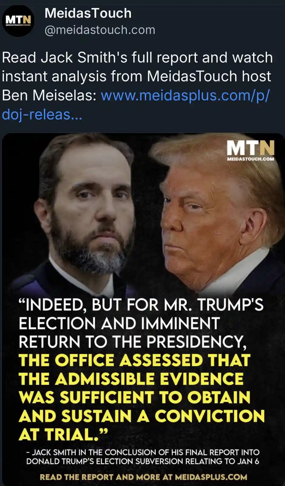 The image displays two men, Jack Smith on the left and Donald Trump on the right, with a quote overlaid in large white and…