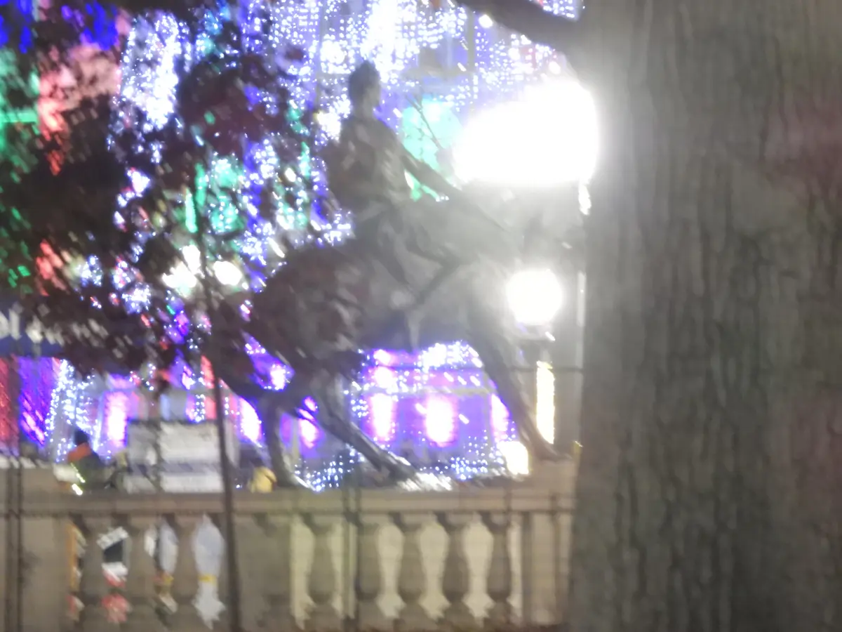 A blurry nighttime photo shows a dark statue of a person on horseback, partially obscured by tree branches and bright…