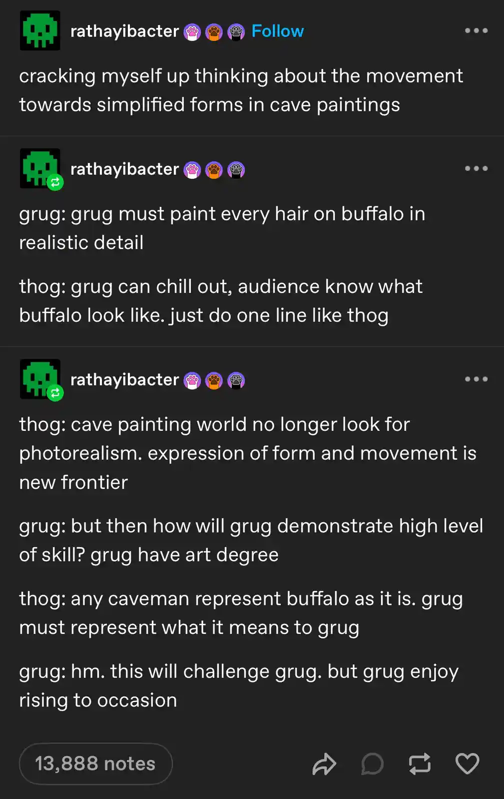 A screenshot of a social media post showing a fictional dialogue between two cavemen, 'grug' and 'thog,' debating artistic…