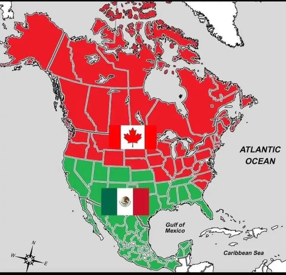A map of North America shows Canada colored entirely red with a Canadian flag overlaid, Mexico colored entirely green with a…