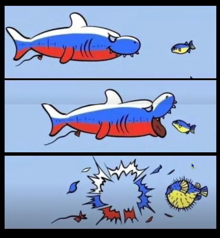 Three-panel cartoon showing a large shark painted with Russia's flag chasing a small fish painted with Ukraine's flag. The…