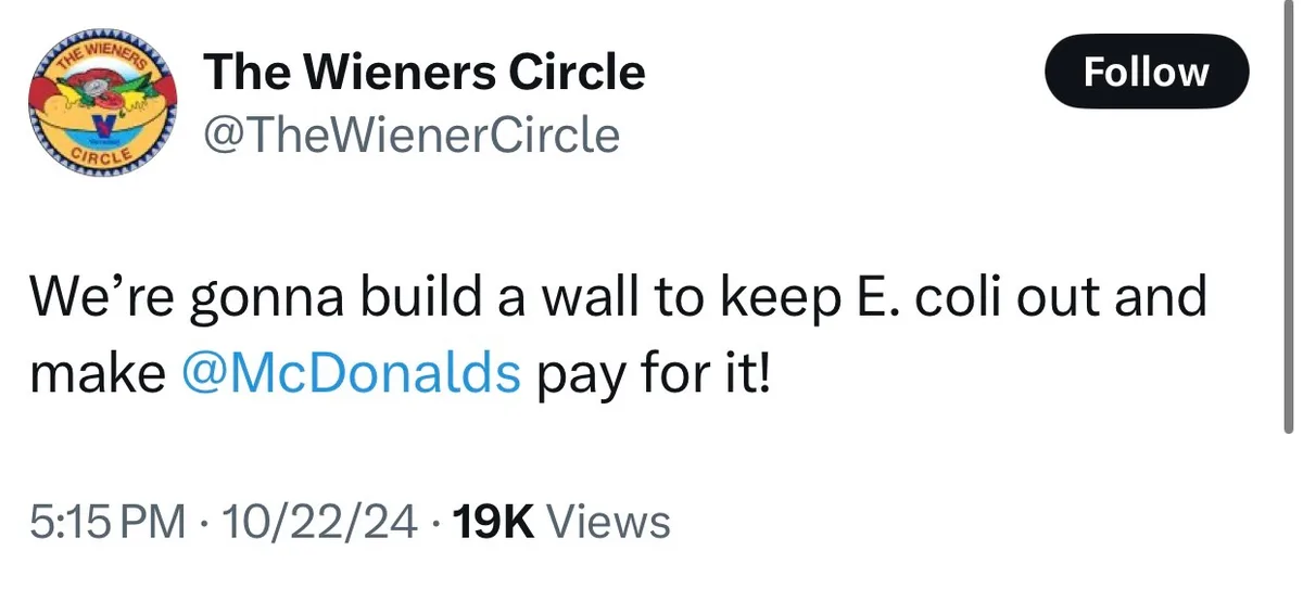 A screenshot of a Twitter post from the account 'The Wieners Circle' with a circular logo featuring a hot dog and the text…
