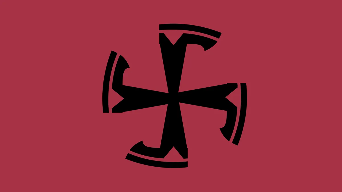 The image displays a black, stylized cross-like symbol with four curved, horn-like extensions on a solid red background…