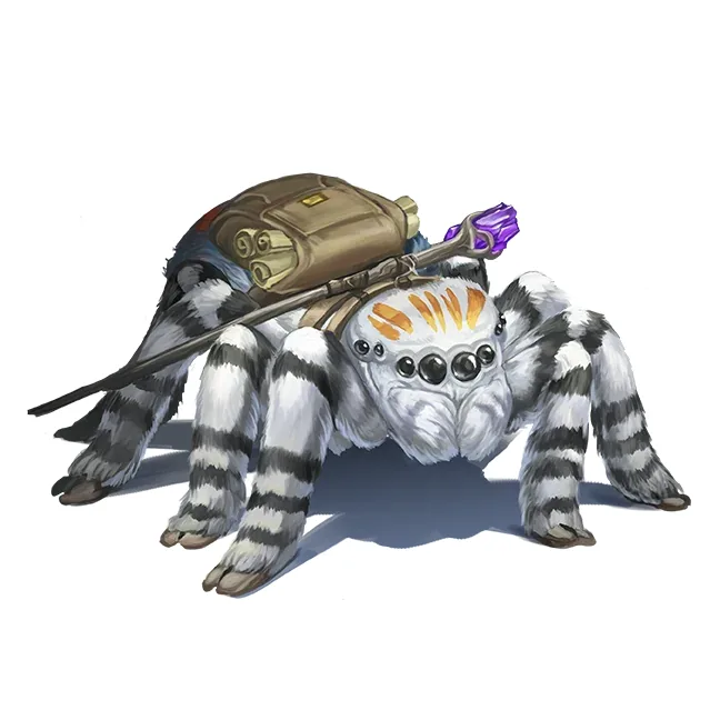 A cartoonish, fluffy spider with black and white striped legs carries a brown backpack and a spear with a purple tip. The…