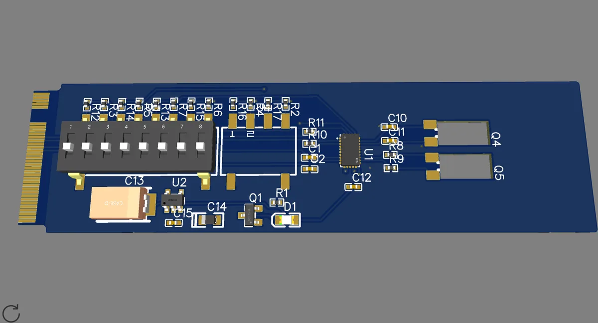 A top-down view of a blue printed circuit board (PCB) with various electronic components like resistors, capacitors, and…