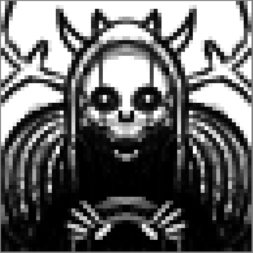 A pixelated, black-and-white image of a demonic figure with horns, wings, and a blank, unimpressed face. The overlaid text…