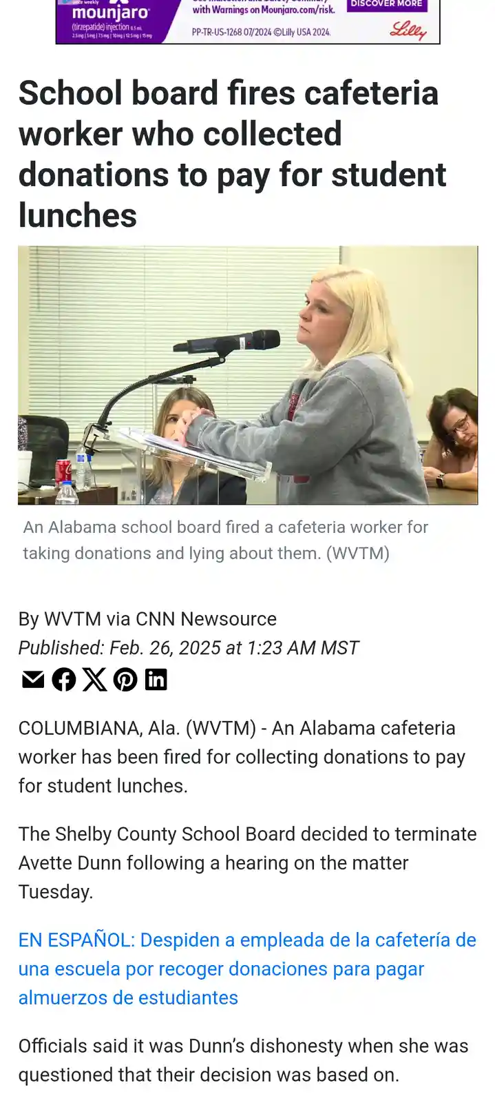 A screenshot of a news article shows a blonde woman in a grey sweatshirt speaking at a podium with a microphone, while two…
