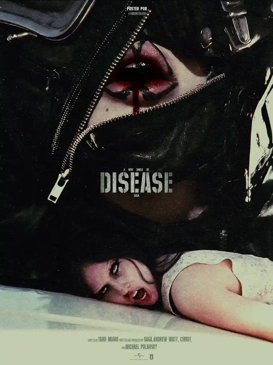 The image is a stylized promotional poster for a fictional single titled 'Disease' by 'Gaga'. It features a person in a…
