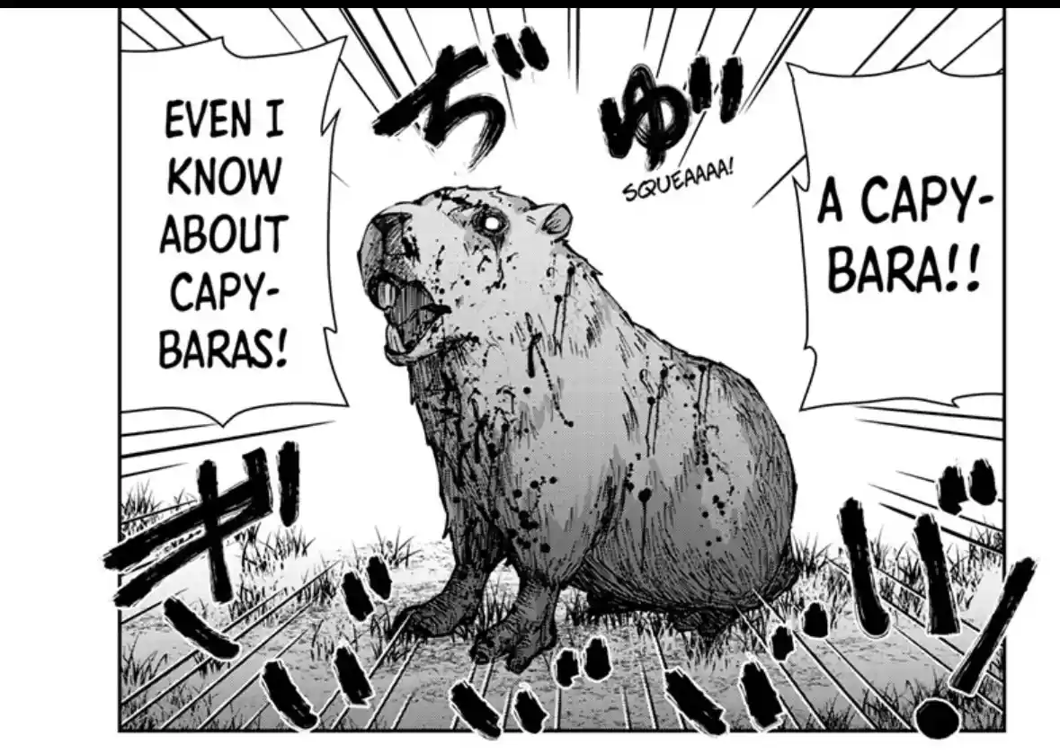 A black-and-white manga panel shows a bloodied, screaming capybara standing in grass with motion lines. Speech bubbles read…