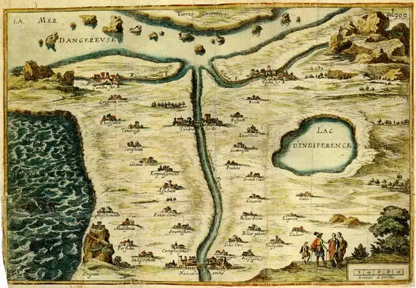 An old, hand-drawn map shows a river flowing from 'La Mer Dangereuse' (Dangerous Sea) into 'Lac D'Indifference' (Lake of…