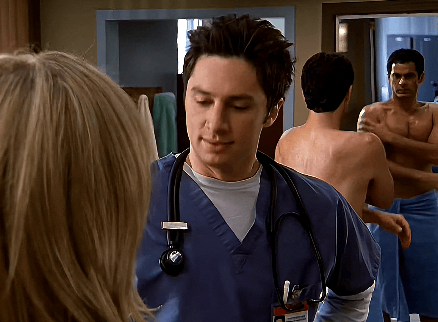 A composite image showing a man in blue scrubs with a stethoscope, transitioning from a smug, self-satisfied expression to a…