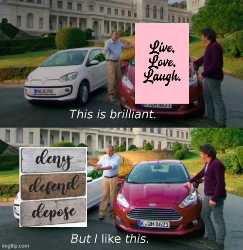 Two men stand beside cars in front of a mansion. The top panel shows a man gesturing toward a white car with a pink box…