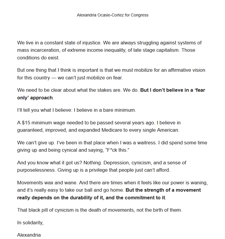 The image displays a letter attributed to Alexandria Ocasio-Cortez for Congress, featuring her text about injustice…