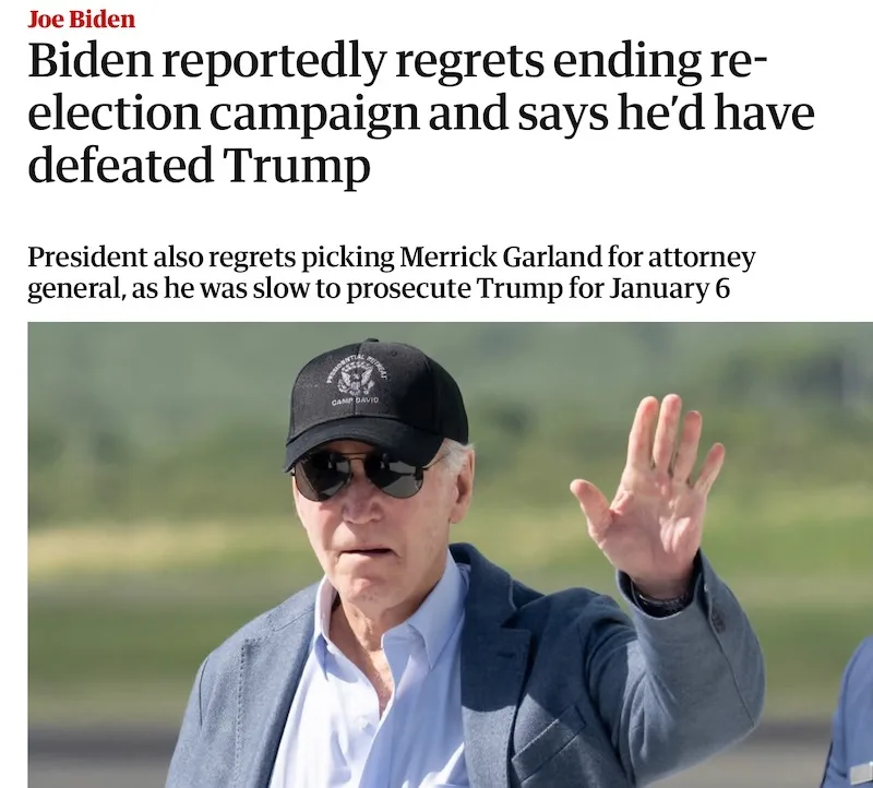 A news article headline about Joe Biden regretting ending his re-election campaign and picking Merrick Garland as attorney…