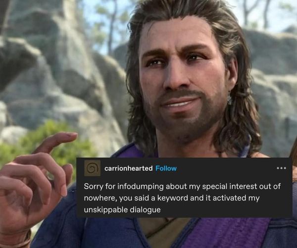 A screenshot of a video game character with long hair and a beard, wearing a purple and blue outfit, pointing with his right…