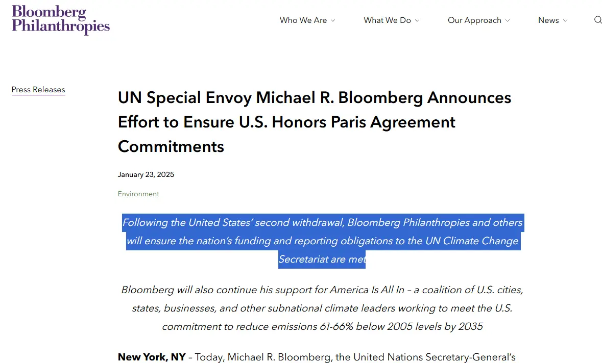 A screenshot of a Bloomberg Philanthropies press release dated January 23, 2025, announcing Michael R. Bloomberg's efforts…