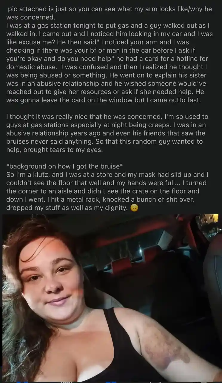 A woman takes a selfie in her car showing a large bruise on her upper arm, with a long text overlay explaining that a…