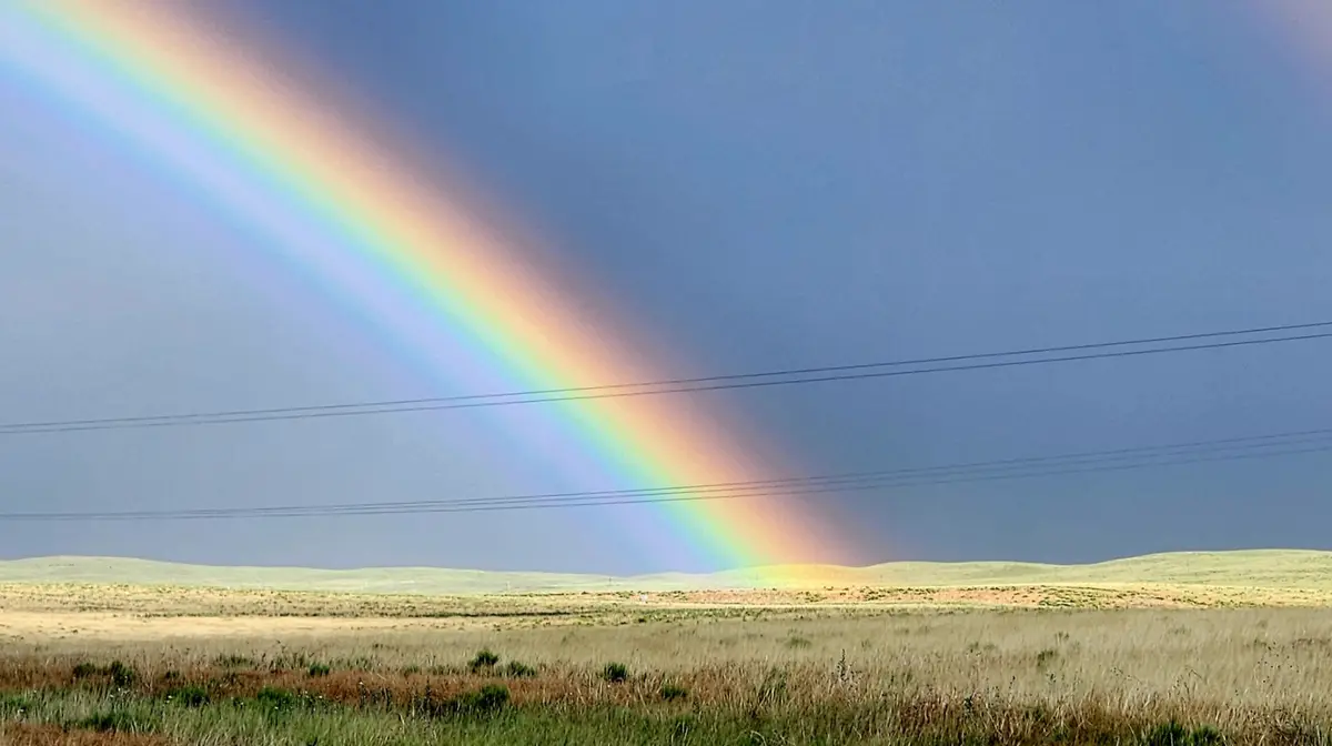 A wide-angle photo shows a vivid, full rainbow arcing across a vast, open grassland under a clear blue sky. Thin power lines…
