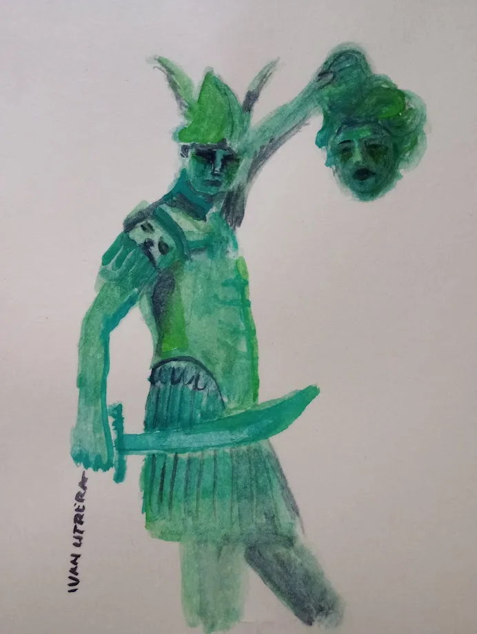 A watercolor drawing depicts a green knight in armor holding a sword and a severed green head aloft. The artwork is signed…