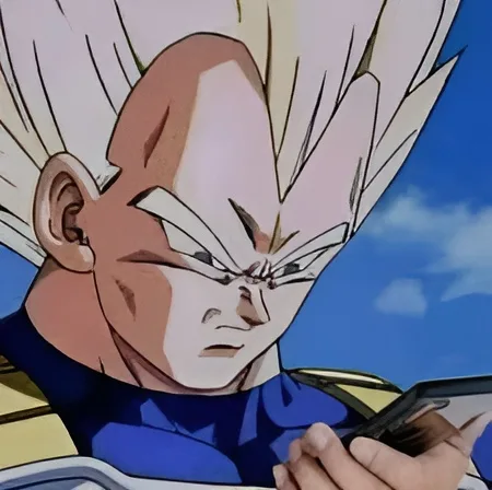 An anime character, Vegeta from Dragon Ball, is shown with his signature spiky white hair and intense scowl, looking down at…