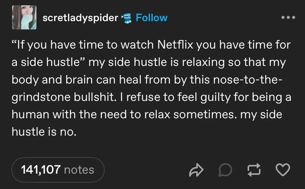 A screenshot of an Instagram post by user 'scretladiespider' with a dark background and white text. The text is a personal…