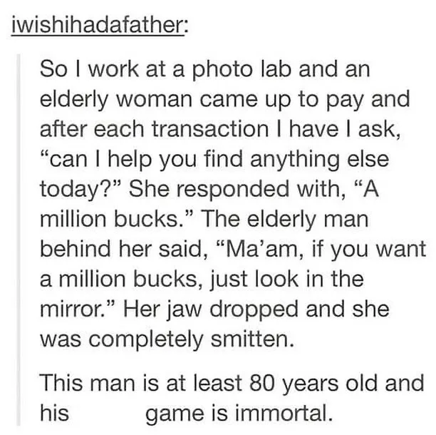 A white background with black text presents a humorous anecdote about a photo lab employee who asks a customer if she needs…