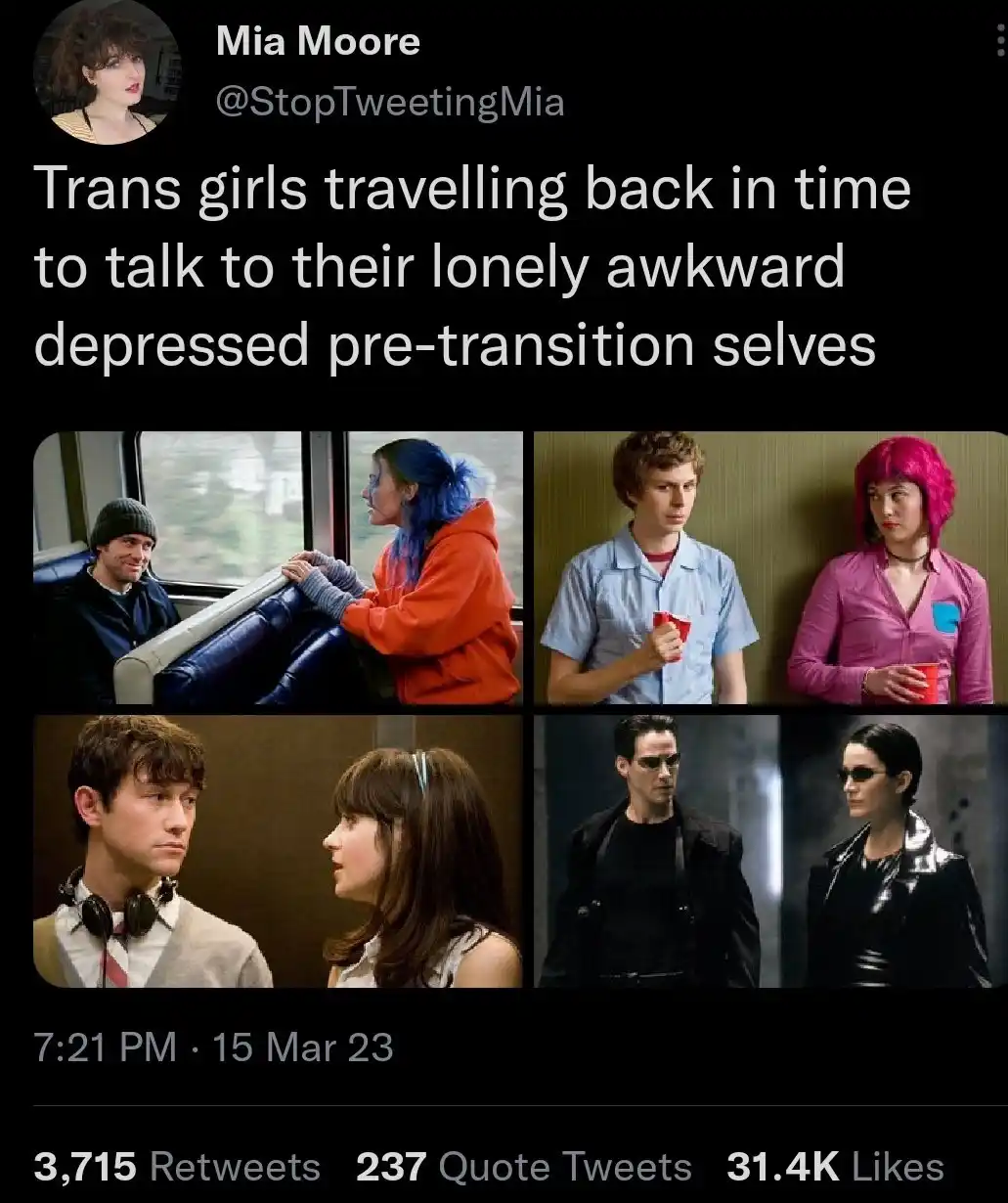 A tweet by Mia Moore shows four movie stills: a blue-haired woman on a train, a pink-haired woman with a man, a young man…