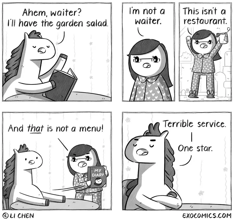 A four-panel comic shows a horse asking a girl for a salad, mistaking her for a waiter. She corrects him, showing a diary…