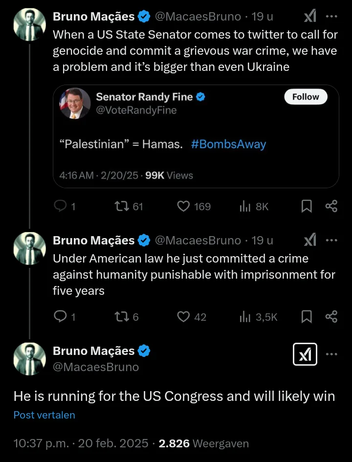A screenshot of a Twitter thread by Bruno Maçães, showing his tweets reacting to a tweet from Senator Randy Fine. Fine's…