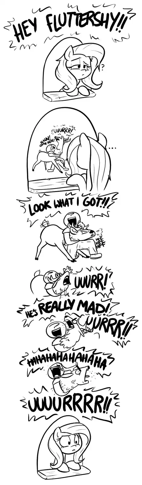 A black-and-white comic strip shows a pony named Fluttershy looking at a display case. Inside, a deer-like creature is shown…