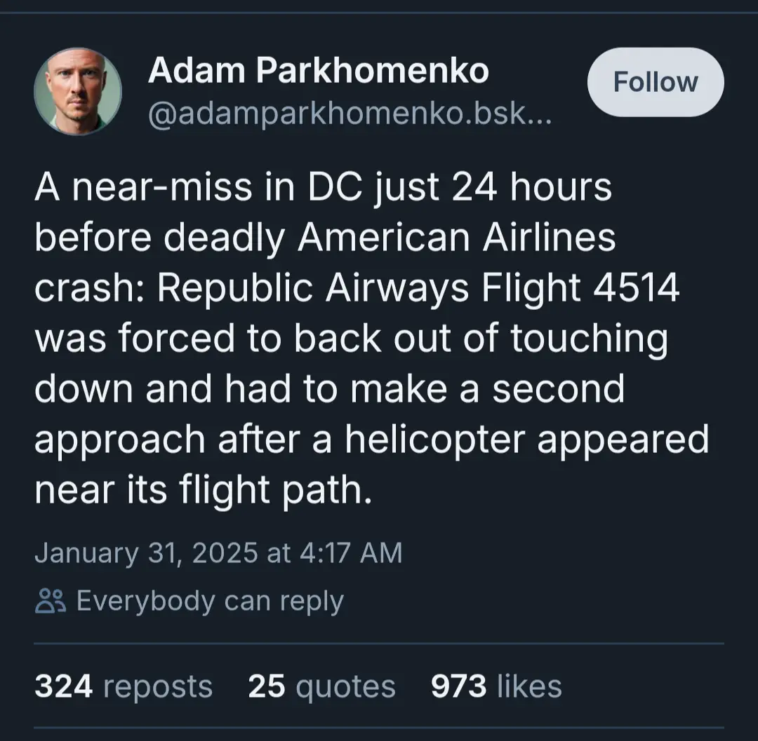 A screenshot of a Twitter post by Adam Parkhomenko detailing a near-miss incident involving Republic Airways Flight 4514 in…