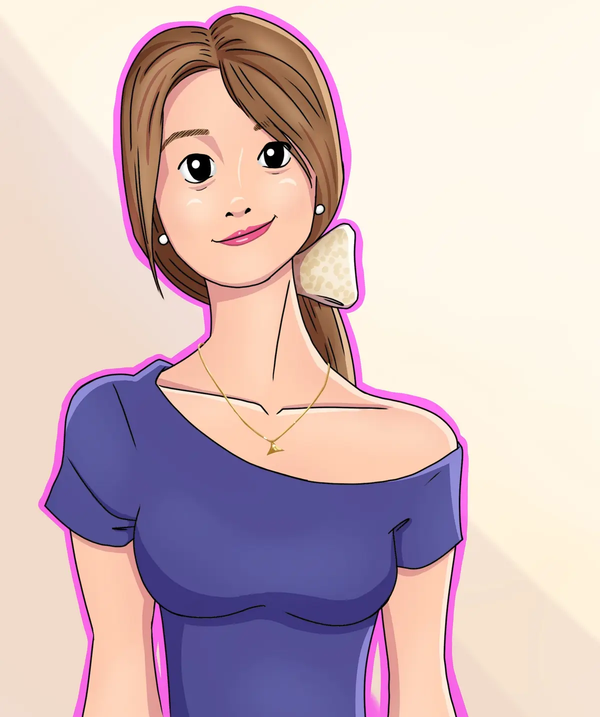A cartoon illustration of a woman with brown hair, wearing a purple off-the-shoulder top, pearl earrings, and a gold…